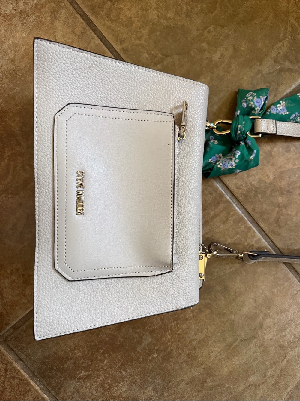 Steve Madden Cream Pebbled Crossbody with Green Floral Scarf Accent